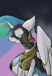 Size: 700x1026 | Tagged: safe, artist:sinrar, princess celestia, alicorn, pony, g4, armor, eyes closed, female, night, sad, solo