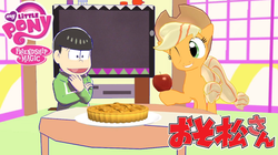 Size: 852x478 | Tagged: safe, applejack, earth pony, human, pony, g4, 3d, apple, choromatsu matsuno, crossover, food, japanese, mmd, my little pony logo, obligatory apple, osomatsu-san, youtube link