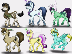 Size: 1024x768 | Tagged: safe, artist:bootsdotexe, oc, oc only, oc:collybree, oc:featherfall, oc:opal, oc:ruby cube, oc:shutterjack, oc:windstrike, earth pony, okapi, pegasus, pony, unicorn, bandana, feather, female, goggles, gray background, leg lock, male, mare, simple background, stallion, tail wrap