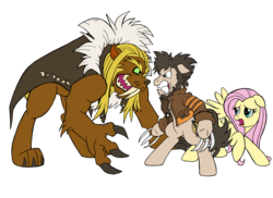 Size: 3508x2551 | Tagged: safe, artist:edcom02, artist:jmkplover, fluttershy, big cat, saber-toothed cat, g4, claws, crossover, fangs, high res, logan, marvel, ponified, sabretooth, simple background, transparent background, victor creed, wolverine, x-men