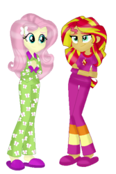 Size: 393x589 | Tagged: safe, artist:eqgsnowfrill, artist:selenaede, fluttershy, sunset shimmer, equestria girls, g4, base used, clothes, duo, female, pajamas, slippers