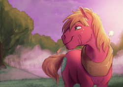 Size: 3610x2550 | Tagged: safe, artist:darkflame75, artist:php130, big macintosh, princess luna, alicorn, earth pony, pony, g4, collaboration, dark, hay, high res, horse collar, looking back, scar, smiling, solo focus, tree