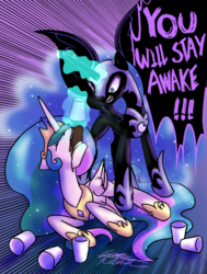 Size: 1024x1352 | Tagged: safe, artist:midnameowfries, nightmare moon, princess celestia, g4, coffee, don't go to bed, food, force feeding, glowing horn, horn, magic, telekinesis