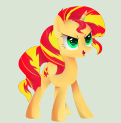 Size: 420x426 | Tagged: safe, artist:twilight7070, sunset shimmer, pony, unicorn, g4, backwards cutie mark, colored pupils, female, gray background, open mouth, simple background, smiling, solo