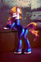 Size: 803x1200 | Tagged: safe, artist:limreiart, oc, oc only, pony, unicorn, alcohol, butt, clothes, dock, fallout, food, jumpsuit, plot, solo, vault suit