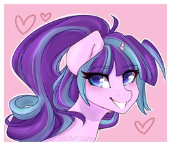 Size: 2100x1800 | Tagged: safe, artist:blowfishartist, starlight glimmer, pony, unicorn, g4, bust, colored pupils, female, freckles, heart, heart eyes, mare, pink background, portrait, simple background, smiling, solo, waifu, wingding eyes