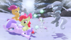 Size: 1920x1080 | Tagged: safe, artist:powdan, apple bloom, diamond tiara, scootaloo, silver spoon, sweetie belle, g4, 3d, cutie mark crusaders, gmod, jumping, magic, snow, snowball, snowball fight, sweetie belle's magic brings a great big smile, winter