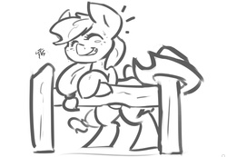 Size: 1001x692 | Tagged: safe, artist:leadhooves, applejack, g4, bipedal leaning, female, fence, hat, monochrome, solo