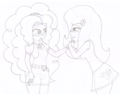 Size: 1024x792 | Tagged: safe, artist:thewanderer93, adagio dazzle, fluttershy, equestria girls, g4, my little pony equestria girls: rainbow rocks, adagioshy, bedroom eyes, black and white, blushing, female, flutterdagio, grayscale, holding hands, lesbian, looking at each other, monochrome, open mouth, shipping, simple background, traditional art, white background