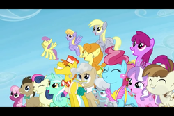 Size: 960x640 | Tagged: safe, screencap, berry punch, berryshine, bon bon, carrot cake, carrot top, cheerilee, cloud kicker, cup cake, derpy hooves, diamond tiara, doctor whooves, featherweight, golden harvest, lyra heartstrings, mayor mare, parasol, silver spoon, sweetie drops, time turner, pegasus, pony, g4, my little pony: friendship is magic, the cutie re-mark, female, letterboxing, mare