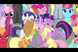 Size: 960x640 | Tagged: safe, screencap, applejack, derpy hooves, fluttershy, mayor mare, pinkie pie, rainbow dash, rarity, spike, starlight glimmer, twilight sparkle, alicorn, pony, g4, season 5, the cutie re-mark, eyes closed, female, friends are always there for you, hug, letterboxing, mane six, mare, new friendship, open mouth, open smile, s5 starlight, smiling, twilight sparkle (alicorn)