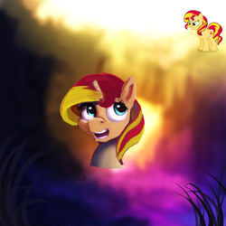 Size: 2000x2000 | Tagged: safe, artist:hierozaki, sunset shimmer, pony, unicorn, g4, abstract background, bust, female, high res, portrait, reference sheet, smiling, solo, wip