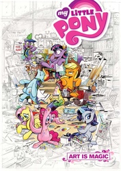 Size: 1024x1445 | Tagged: safe, artist:andypriceart, idw, applejack, fluttershy, pinkie pie, rainbow dash, rarity, spike, twilight sparkle, g4, album cover, art is magic, coloring, cover, cute, drawing, frown, glare, grumpy, highlander, hoof hold, joe kubert, licking, licking lips, looking at you, magic, mane seven, mane six, mouth hold, movie poster, movie reference, music reference, my little pony logo, open mouth, prone, raised eyebrow, sitting, skull, sleeping, smiling, star trek, telekinesis, the rolling stones, tongue out, typewriter, unamused, z