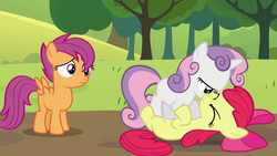 Size: 1280x720 | Tagged: safe, screencap, apple bloom, scootaloo, sweetie belle, brotherhooves social, g4, cutie mark crusaders, out of context