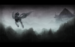 Size: 2550x1590 | Tagged: safe, artist:ventious, princess luna, alicorn, pony, g4, canterlot, female, flying, forest, letterboxing, mare, rain, scenery, solo, wings