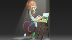 Size: 5333x3000 | Tagged: dead source, safe, artist:dcencia, discord, draconequus, g4, what about discord?, afro, beard, bob ross, clothes, draconiross, facial hair, looking at you, paint, paintbrush, painter, painting, shirt, solo, story included, wood