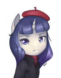 Size: 1280x1643 | Tagged: safe, artist:pezzhippo, rarity, anthro, g4, beatnik rarity, beret, clothes, female, hat, looking at you, simple background, solo, white background