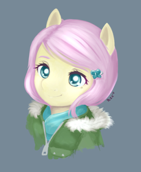 Size: 1280x1563 | Tagged: safe, artist:pezzhippo, fluttershy, anthro, g4, alternate hairstyle, bust, clothes, coat, colored pupils, female, hairclip, looking at you, simple background, solo