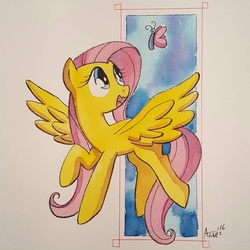 Size: 1080x1080 | Tagged: safe, artist:agnesgarbowska, fluttershy, butterfly, g4, female, flying, raised hoof, solo, spread wings, traditional art, watercolor painting