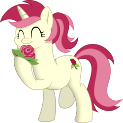 Size: 4020x4000 | Tagged: safe, artist:v0jelly, roseluck, pony, unicorn, g4, absurd resolution, eyes closed, female, flower, ponytail, race swap, rose, simple background, solo