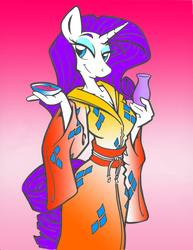 Size: 850x1100 | Tagged: safe, artist:ruger181, artist:trollie trollenberg, color edit, edit, rarity, anthro, g4, alcohol, cleavage, clothes, colored, female, food, kimono (clothing), sake, smiling, solo