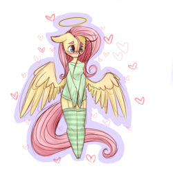 Size: 1280x1280 | Tagged: safe, artist:breadcipher, fluttershy, anthro, g4, blushing, clothes, cute, female, floppy ears, halo, heart, loose fitting clothes, simple background, socks, solo, spread wings, stockings, striped socks, sweater, sweatershy, thigh highs, transparent background
