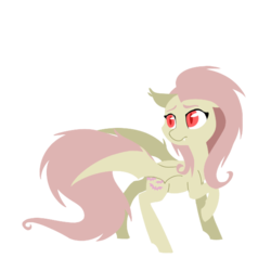 Size: 600x600 | Tagged: dead source, safe, artist:breadcipher, fluttershy, bat pony, pony, g4, fangs, female, flat colors, flutterbat, lineless, looking back, raised hoof, red eyes, simple background, solo, spread wings, transparent background
