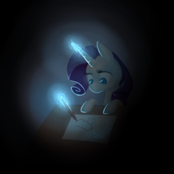 Size: 600x600 | Tagged: safe, artist:breadcipher, rarity, g4, drawing, dressmaking, female, glowing horn, horn, levitation, magic, pencil, solo, telekinesis