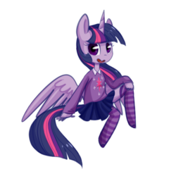 Size: 491x486 | Tagged: safe, artist:breadcipher, twilight sparkle, anthro, g4, clothes, female, looking at you, pleated skirt, simple background, skirt, socks, solo, stockings, striped socks, sweater, thigh highs, transparent background, twilight sparkle (alicorn), zettai ryouiki