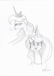 Size: 2480x3507 | Tagged: safe, artist:saturdaymorningproj, princess celestia, princess luna, g4, bedroom eyes, dialogue, frown, happy, high res, monochrome, open mouth, pouting, sketch, traditional art, unamused