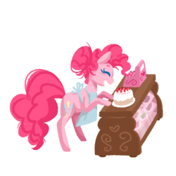 Size: 800x800 | Tagged: safe, artist:breadcipher, pinkie pie, pony, g4, apron, bipedal, bipedal leaning, cake, cash register, clothes, cute, diapinkes, eyes closed, female, food, leaning, lineless, open mouth, plate, simple background, smiling, solo, sugarcube corner, transparent background