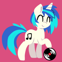 Size: 390x390 | Tagged: safe, artist:breadcipher, dj pon-3, vinyl scratch, g4, eyes closed, female, lineless, missing accessory, pink background, record, simple background, smiling, solo