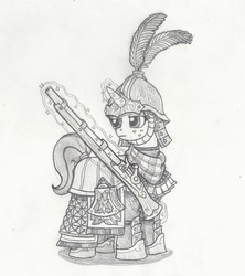 Size: 842x949 | Tagged: safe, artist:sensko, pony, unicorn, armor, clothes, grayscale, gun, helmet, military, monochrome, musket, pencil drawing, simple background, sketch, soldier, solo, traditional art, twilight's royal guard, uniform, weapon, white background