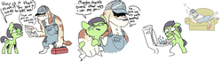 Size: 2278x634 | Tagged: safe, artist:nobody, oc, oc only, oc:filly anon, diamond dog, bait and switch, bill, comic, dialogue, female, filly, plumber, simple background, toilet