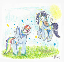 Size: 1024x998 | Tagged: dead source, safe, artist:ultrard, rainbow dash, soarin', pony, g4, blushing, colored pupils, duo, female, food, male, pie, ship:soarindash, shipping, signature, straight, traditional art