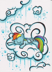 Size: 600x825 | Tagged: dead source, safe, artist:dinseyfreak, rainbow dash, pegasus, pony, g4, cloud, female, mare, sleeping, solo