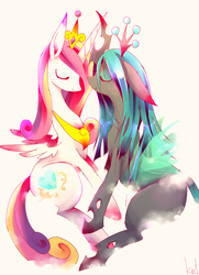 Size: 900x1246 | Tagged: safe, artist:kolshica, princess cadance, queen chrysalis, alicorn, changeling, changeling queen, pony, g4, eyes closed, female, horn, horns are touching, lesbian, ship:cadalis, shipping, smiling