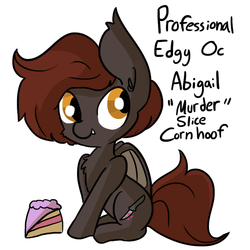 Size: 792x792 | Tagged: safe, artist:tjpones, oc, oc only, oc:murder slice, bat pony, pony, cake, cheek fluff, chest fluff, cute, cute little edge muffin, edgy, fangs, female, fluffy, food, looking back, mare, murder, raised hoof, simple background, sitting, smiling, solo, white background