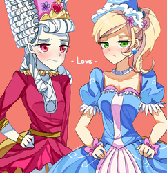 Size: 677x700 | Tagged: safe, artist:leab-lb, applejack, rainbow dash, human, g4, look before you sleep, swarm of the century, blushing, clothes, dress, duchess, female, hennin, humanized, jewelry, lesbian, outfit, pixiv, princess, princess applejack, ship:appledash, shipping, tiara, too frilly