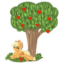 Size: 300x300 | Tagged: safe, artist:blairchan231, applejack, g4, apple, apple tree, female, food, pixel art, relaxing, solo, tree