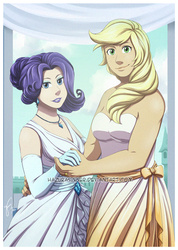 Size: 838x1176 | Tagged: safe, artist:hazurasinner, applejack, rarity, human, g4, alternate hairstyle, cleavage, clothes, dress, evening gloves, female, gloves, holding hands, humanized, lesbian, looking at you, marriage, necklace, ship:rarijack, shipping, smiling, watermark, wedding, wedding dress