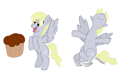 Size: 1280x800 | Tagged: safe, artist:hakar-kerarmor, derpy hooves, pegasus, pony, g4, dancing, female, food, mare, muffin, peanuts, snoopy, snoopy dance, solo, that pony sure does love muffins
