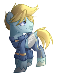 Size: 1516x2040 | Tagged: safe, artist:drawntildawn, oc, oc only, oc:chiral mane, pegasus, pony, alternate timeline, bandage, crystal war timeline, fallout, solo, war