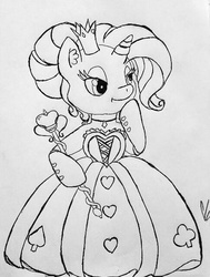 Size: 485x643 | Tagged: safe, artist:gingerthefox, rarity, pony, g4, alice in wonderland, bipedal, clothes, cosplay, costume, female, monochrome, queen of hearts, solo