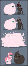 Size: 1700x4000 | Tagged: safe, artist:pimander1446, oc, oc only, oc:fluffle puff, oc:squeaky pitch, bloodshot eyes, boop, comic, poof, role reversal, scrunchy face, smiling