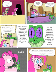 Size: 1024x1322 | Tagged: safe, artist:average-00, gummy, mayor mare, pinkie pie, comic:opposites, g4, comic, licking, tongue out