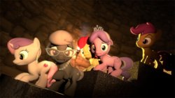 Size: 1920x1080 | Tagged: safe, artist:powdan, apple bloom, diamond tiara, scootaloo, silver spoon, sweetie belle, g4, 3d, confident, cutie mark, cutie mark crusaders, exploring, gmod, scared, stairs, the cmc's cutie marks