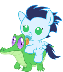 Size: 886x1017 | Tagged: safe, artist:red4567, gummy, soarin', pony, g4, baby, baby pony, cute, pacifier, ponies riding gators, recolor, riding, soarinbetes, weapons-grade cute