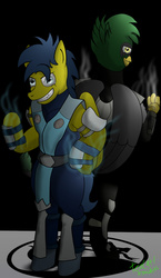 Size: 667x1150 | Tagged: safe, artist:tezcatl-ayauhtli, oc, oc:tezcatl, griffon, pegasus, pony, crossover, duo, megasupertacoman, mortal kombat, smoke, smoke (mortal kombat), sub-zero