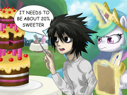 Size: 1600x1200 | Tagged: safe, artist:zorbitas, princess celestia, alicorn, human, pony, g4, 20% cooler, annoyed, cake, cakelestia, clipboard, crossover, death note, food, fork, frown, glare, l, l lawliet, magic, open mouth, telekinesis